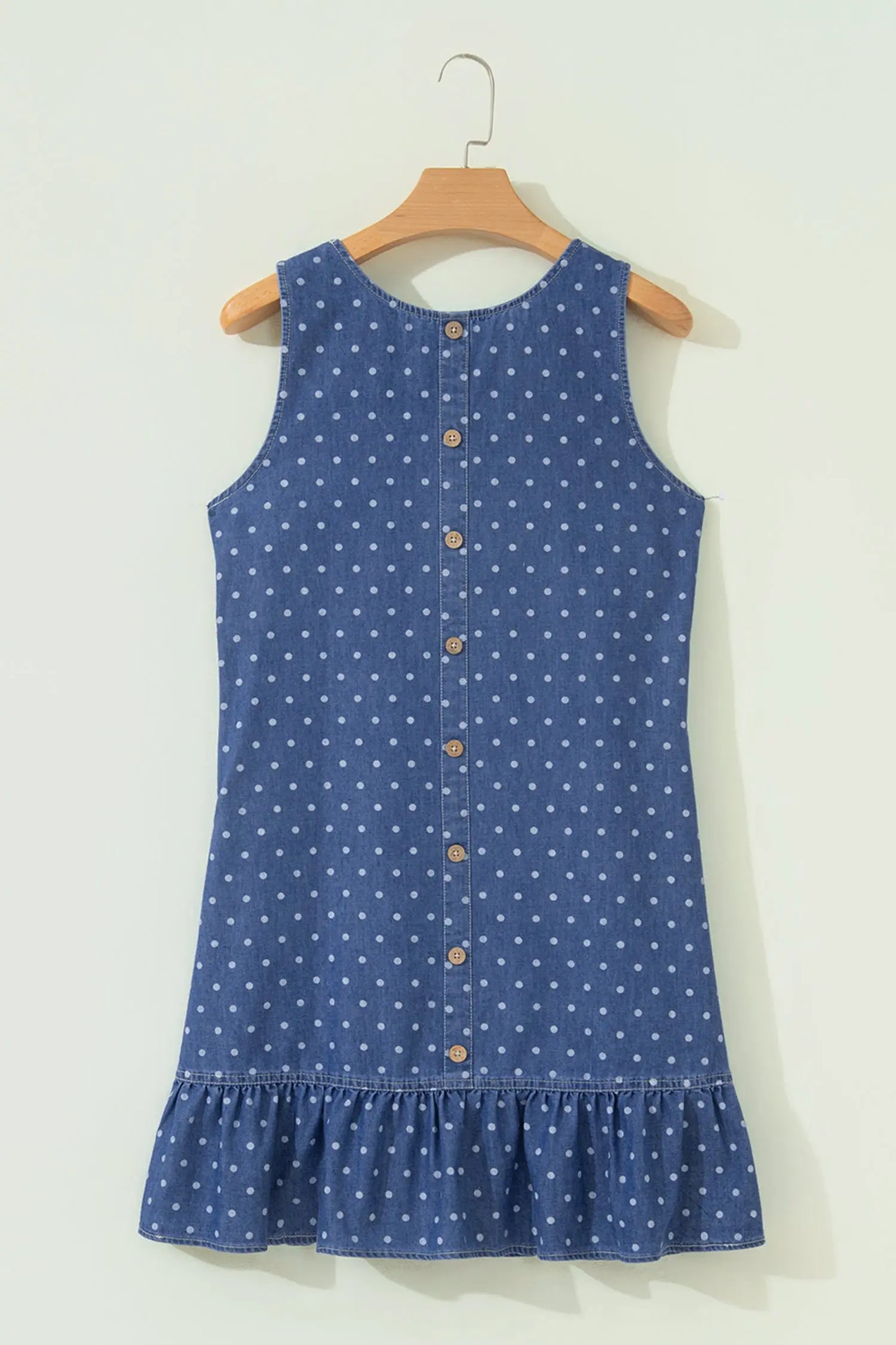 Blue Polka Dot Ruffle Hem Sleeveless Denim Mini Dress