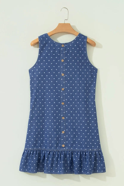 Blue Polka Dot Ruffle Hem Sleeveless Denim Mini Dress