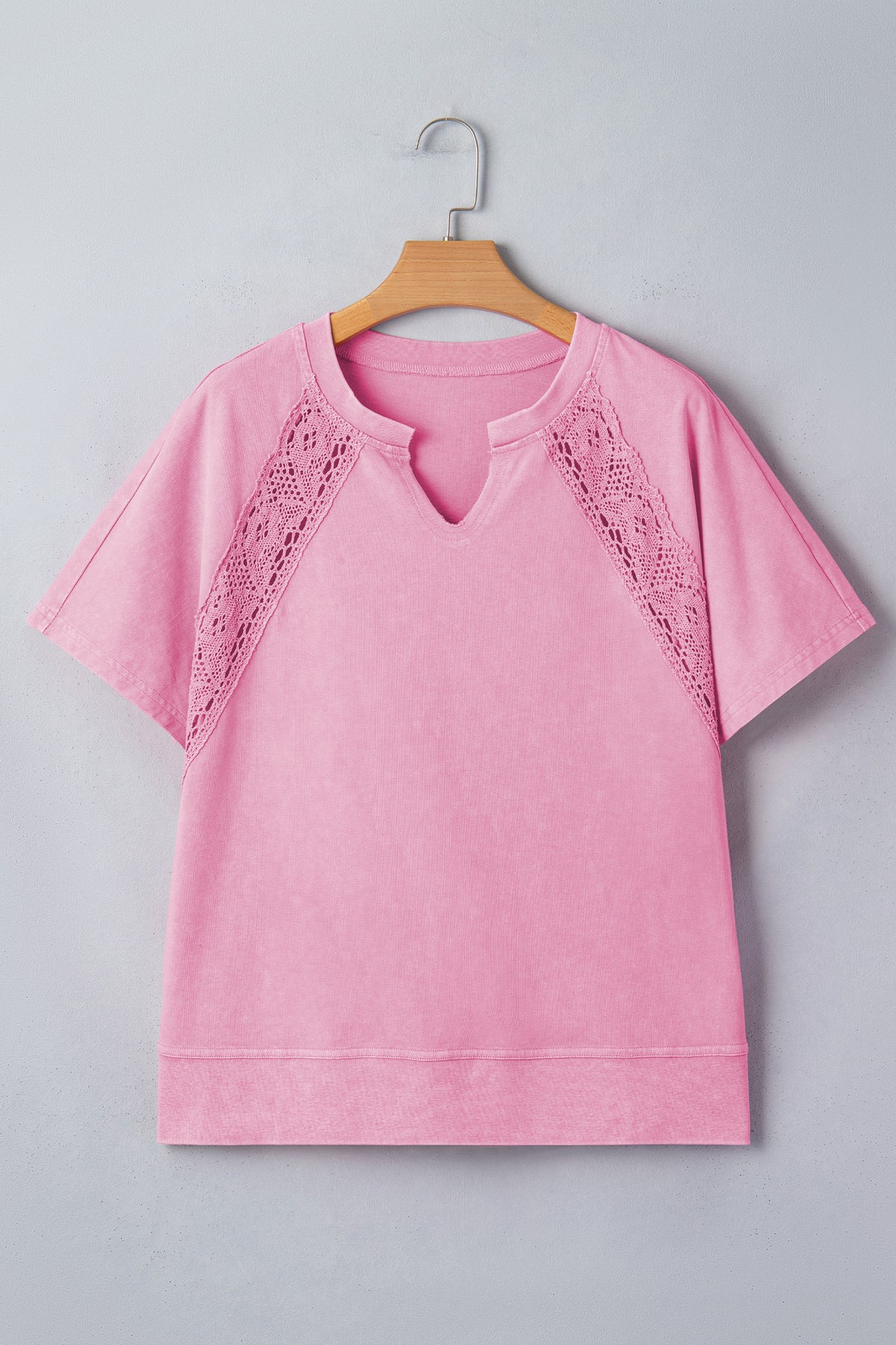 Cotton Raw Cut Notched Neck Lace Patchwork Detail Mineral Wash Tee