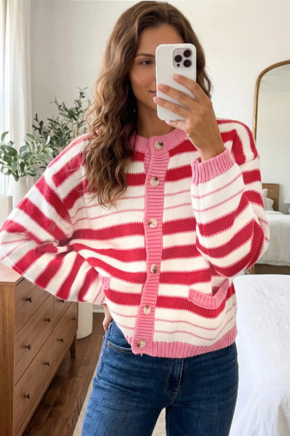 Red Stripe V Neck Long Sleeve Regular Fit Cardigan
