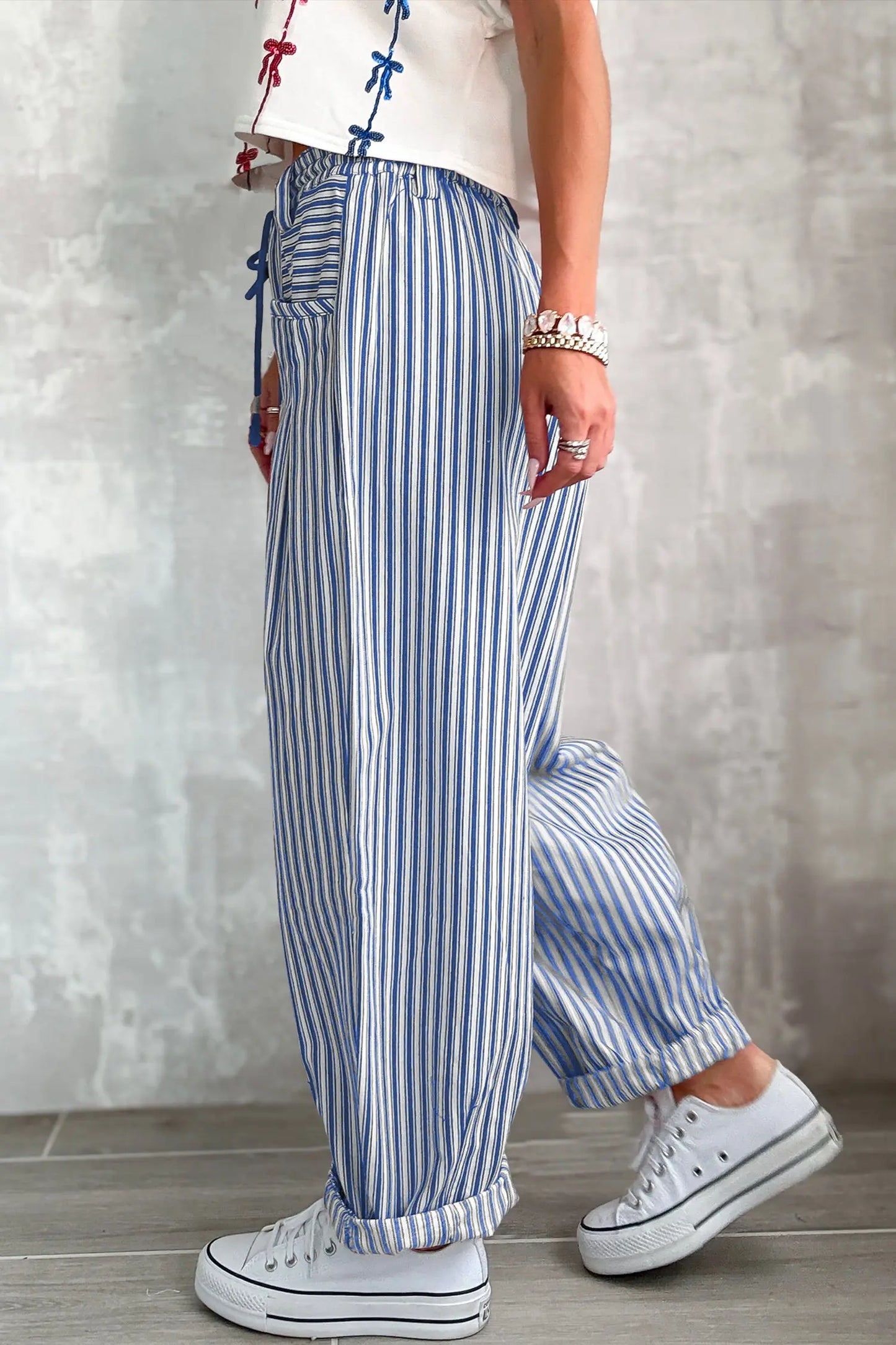 Red Stripe Drawstring Casual Loose Pants