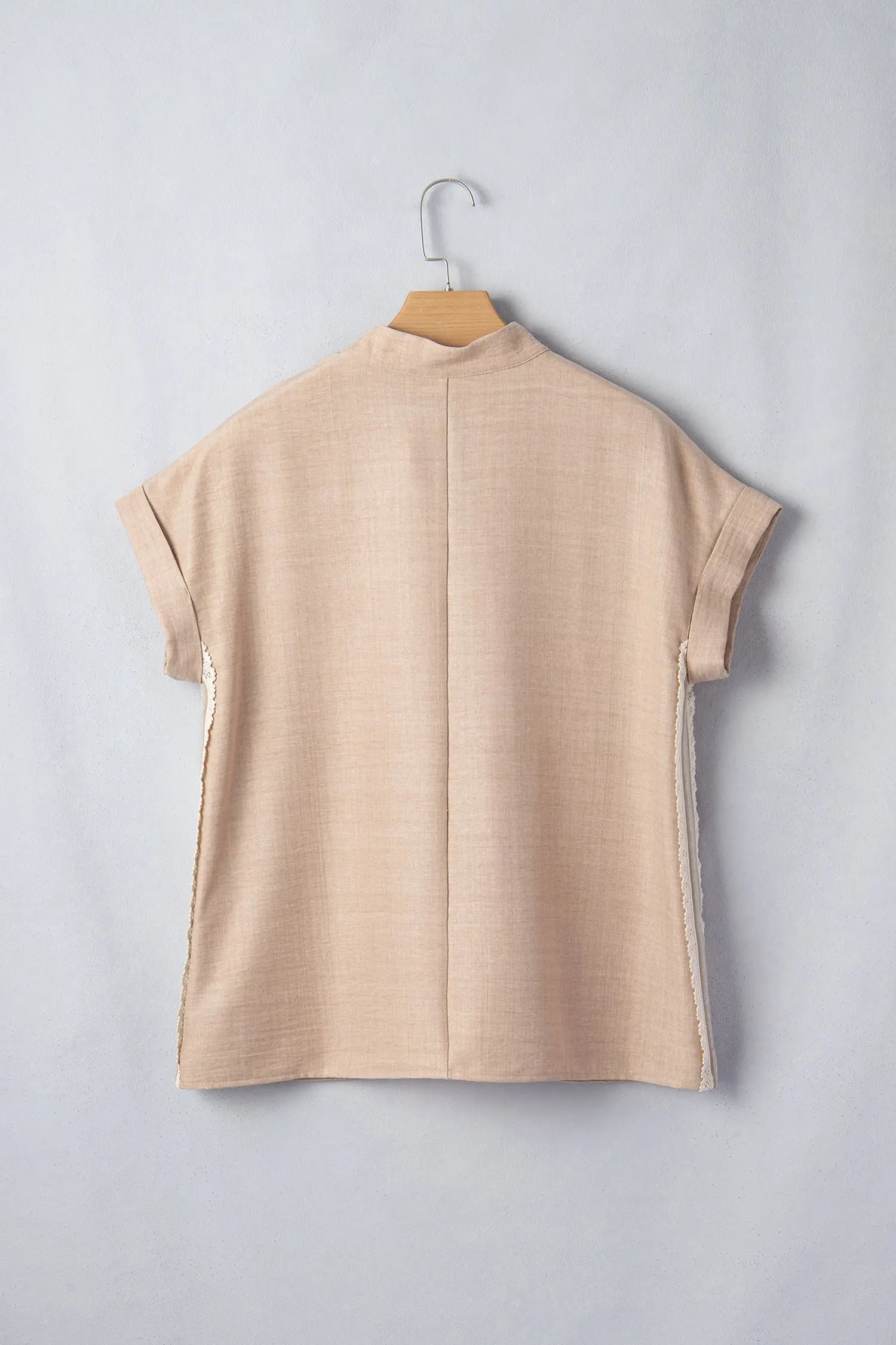 Parchment Crochet Lace Accent Pullover Rolled Short Sleeve Blouse Nataliz