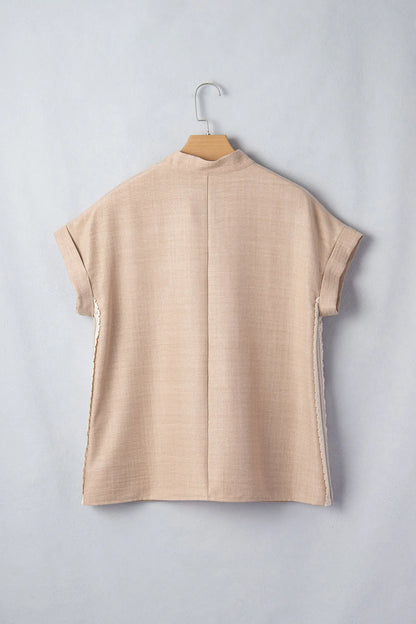 Parchment Crochet Lace Accent Pullover Rolled Short Sleeve Blouse Nataliz