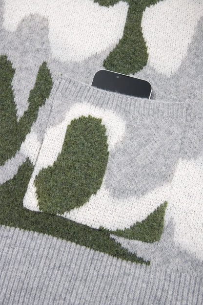 Green Camouflage Drop Shoulder V Neck Button Front Cardigan