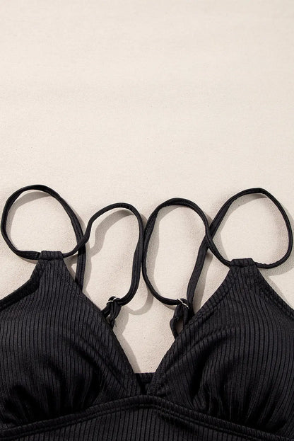 Black Ribbed Knit High Waist 2pcs Bikini Swimsuit