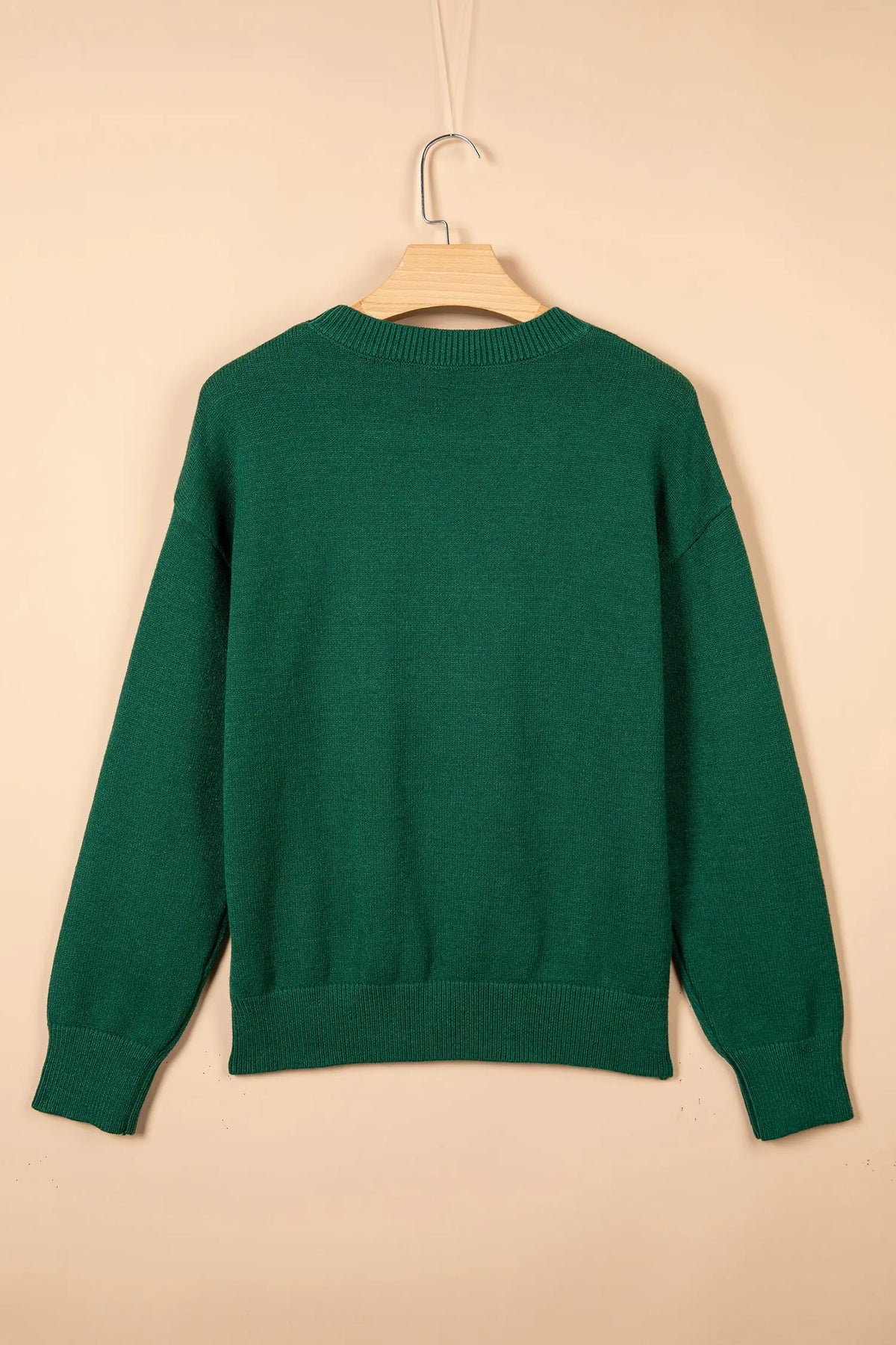 Blackish green abstract dog embroidery Christmas round neck sweater back hanging view · nz-alt-v1