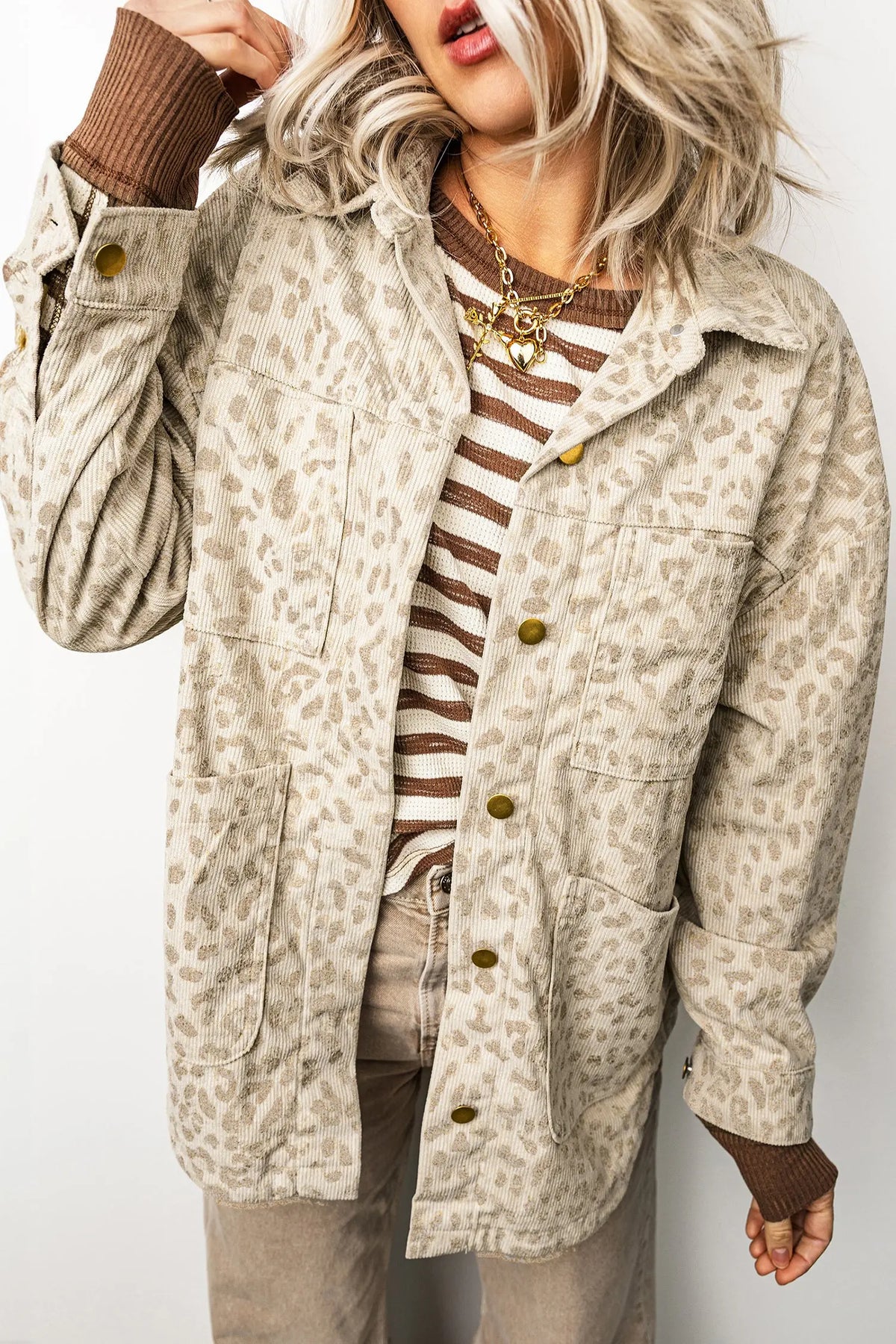 Khaki Leopard Print Corduroy Shirt Collar Long Sleeve Regular Fit Jacket