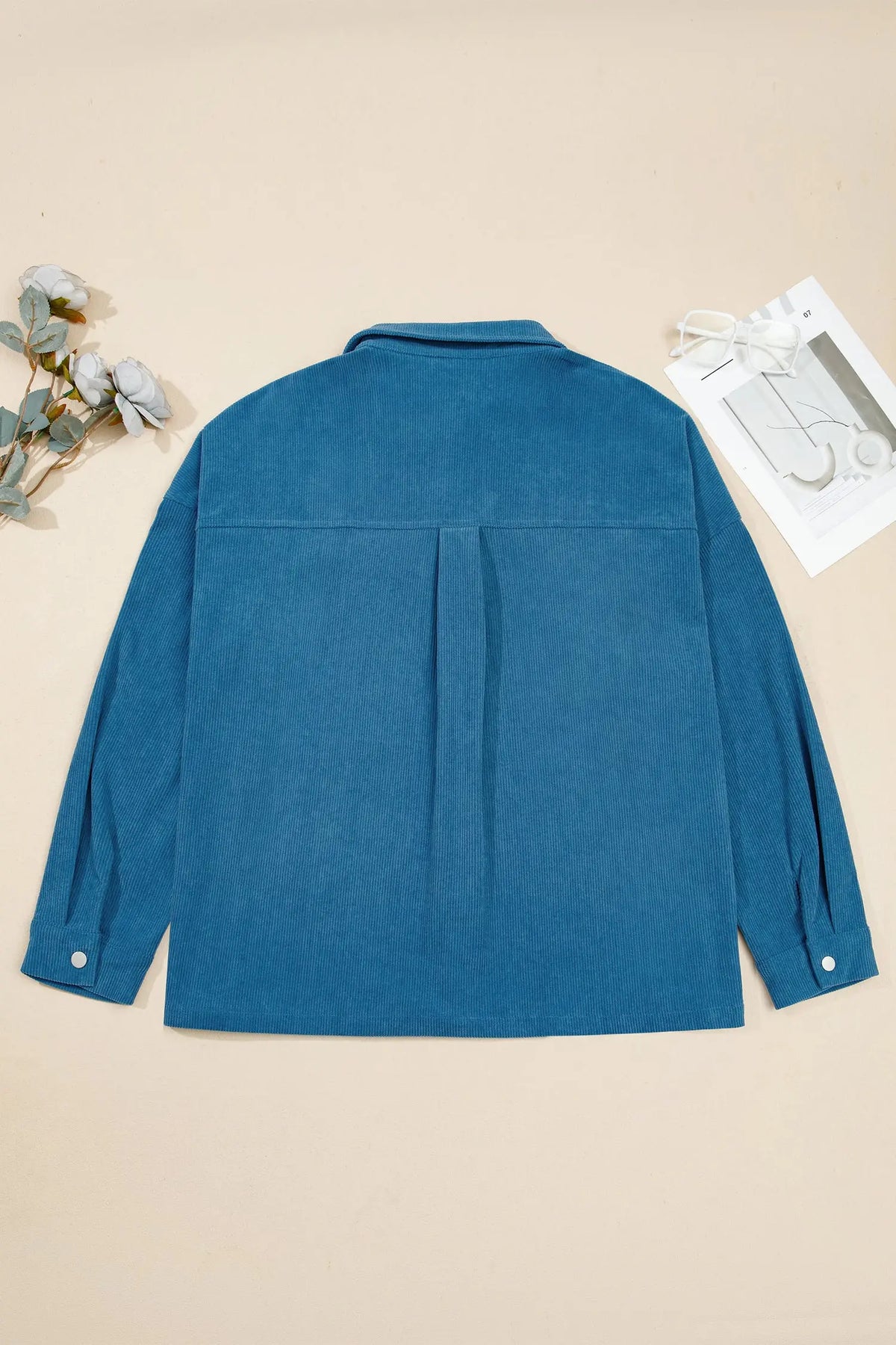 Blue Embroidered Corduroy V-Neck Long Sleeve Plus Size Shirt
