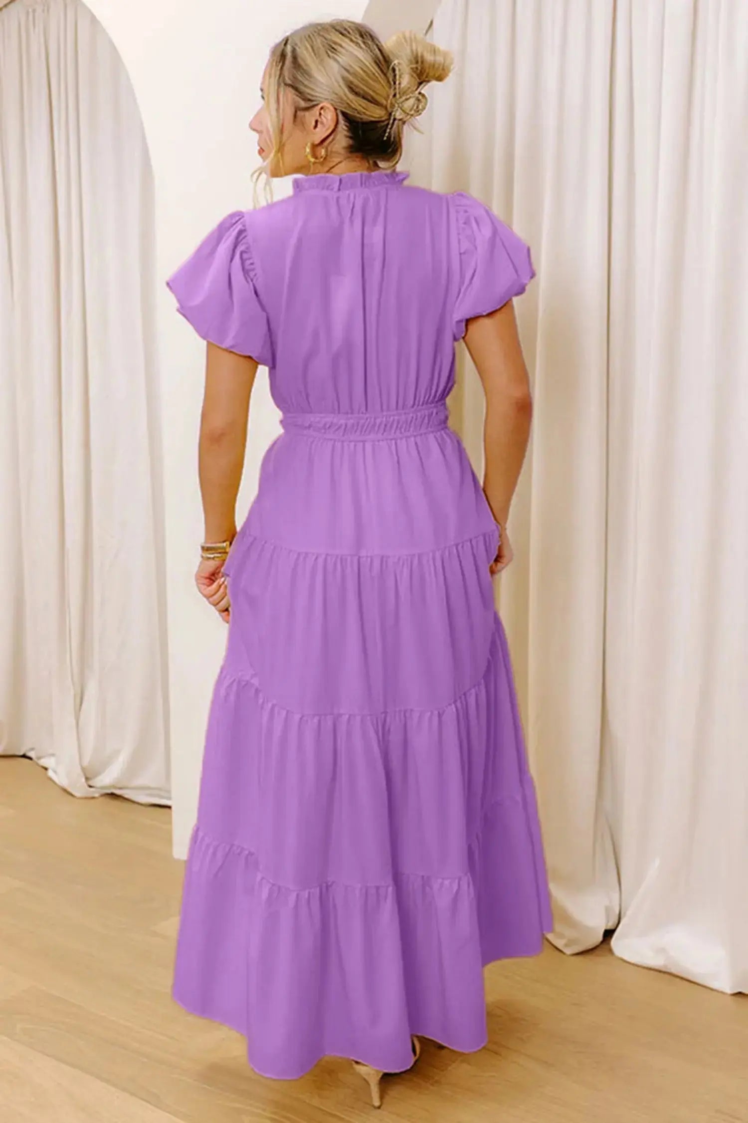 Bright Green Solid Color V Neck Short Puff Sleeve High Waist Tiered Maxi Dress - Casual Dresses