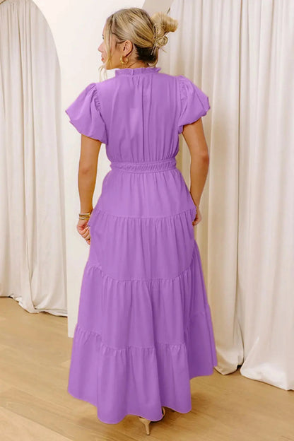 Bright Green Solid Color V Neck Short Puff Sleeve High Waist Tiered Maxi Dress - Casual Dresses