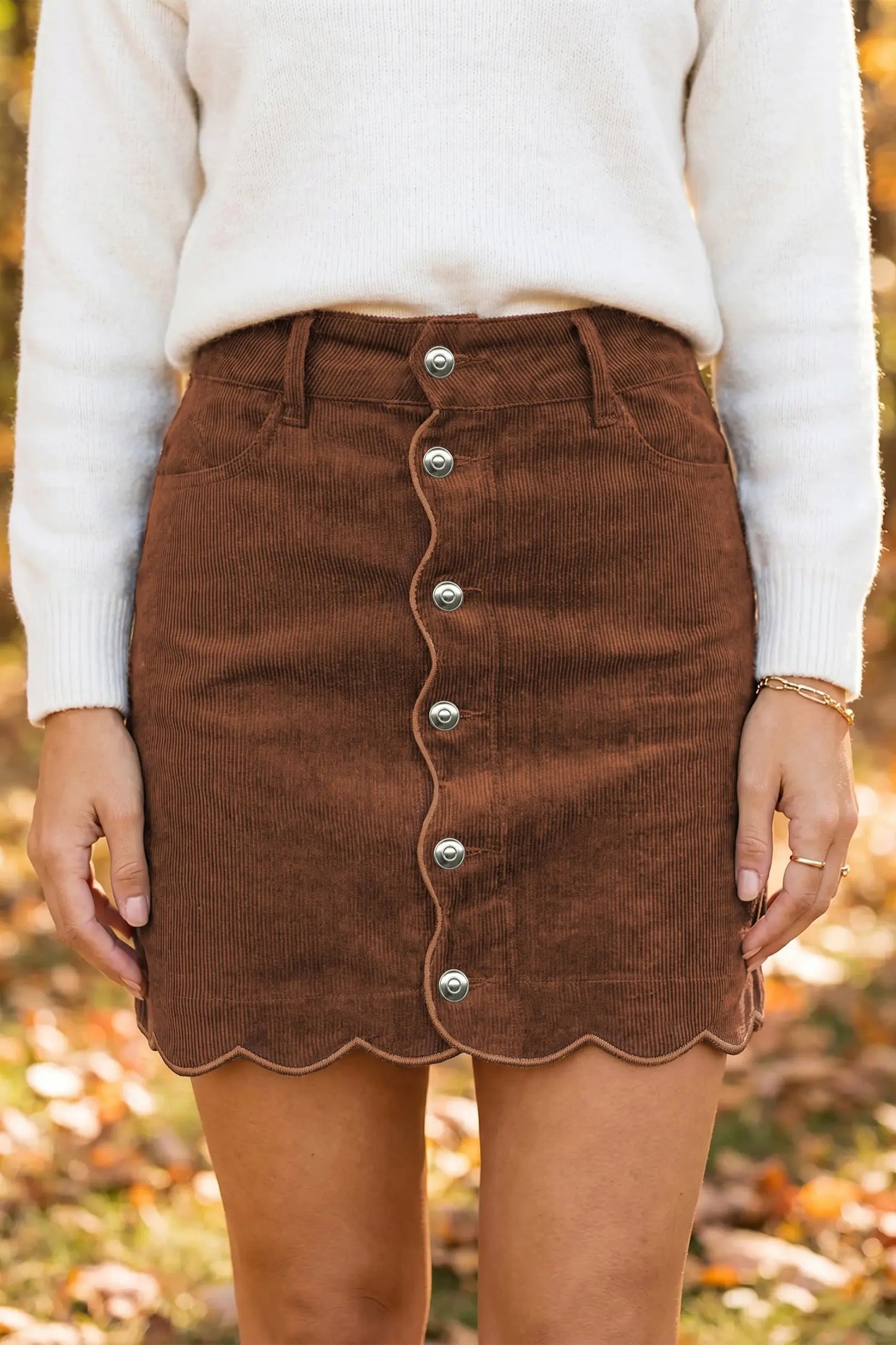 Coffee Button Front Corduroy Mini Pockets Sheath Silhouette Skirt