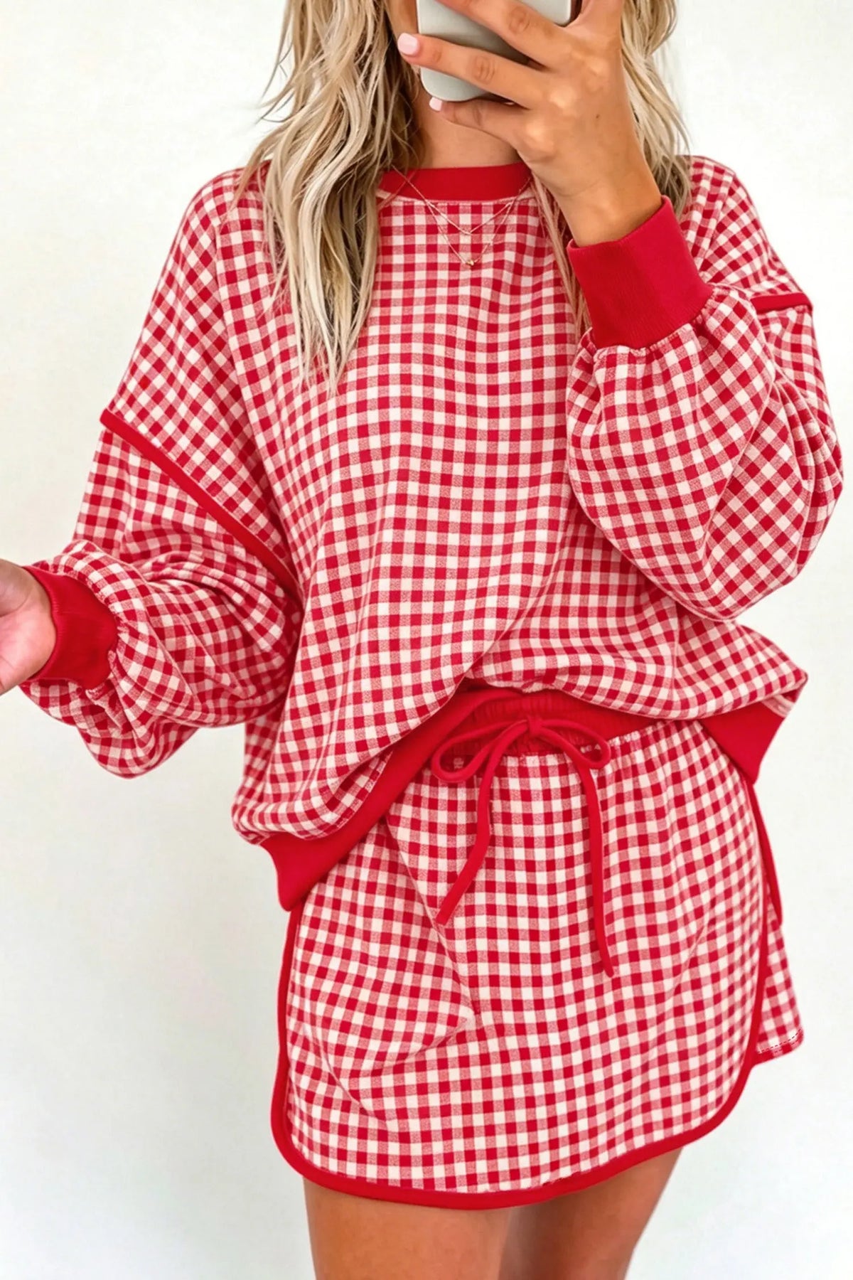 Red Gingham Oversized Ribbed Trim Crew Neck Long Sleeve Top and Skort Set