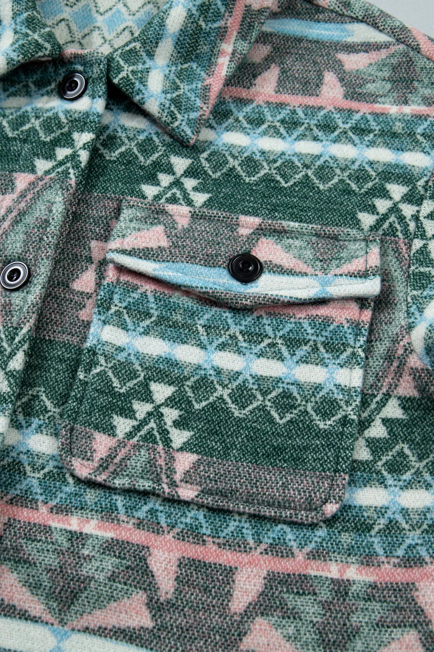 Green Geometric Print Button Front Long Sleeve Shacket