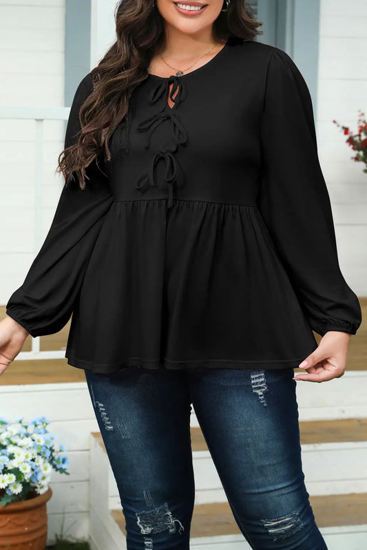 Black Solid Color Bow Tie Front Long Sleeve Plus Size Peplum Blouse