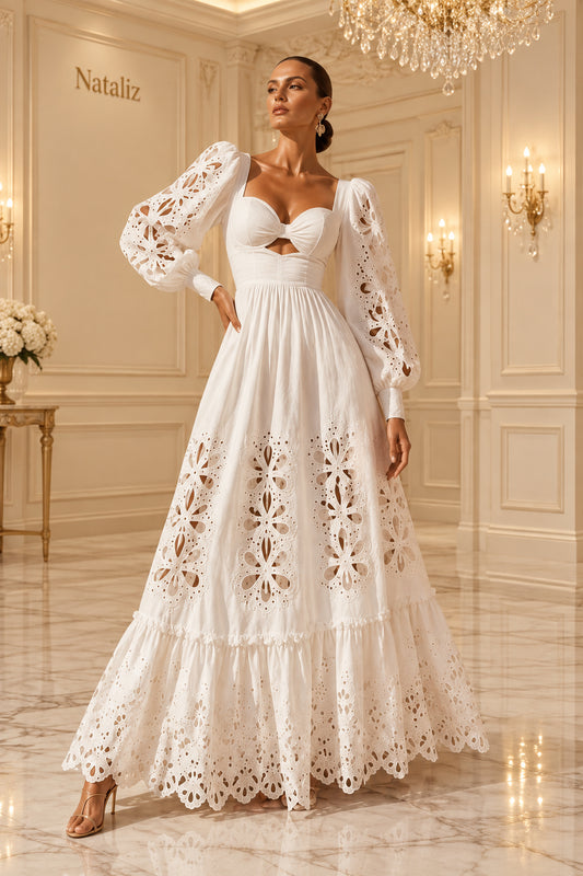 Broderie Cut-Out Twist Front Maxi Dress model front view