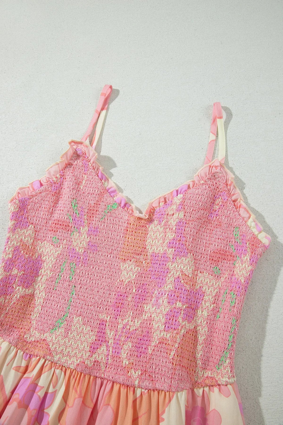 Pink Spaghetti Straps Floral Shirred High Waist Dress shirred bodice detail view · nz-alt-v1