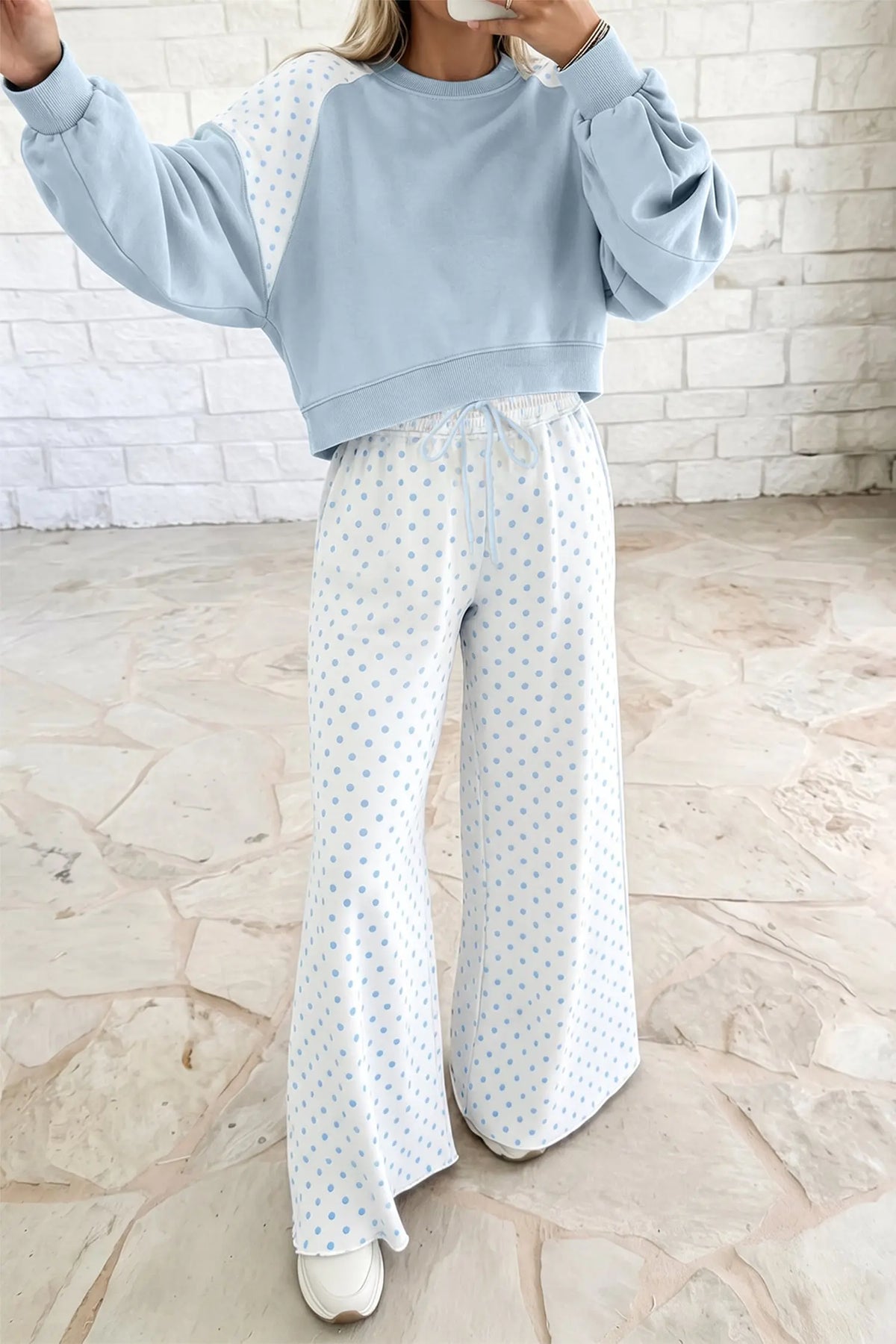 Pink Polka Dot Patchwork Colorblock Long Sleeve Casual Two Piece Pants Set