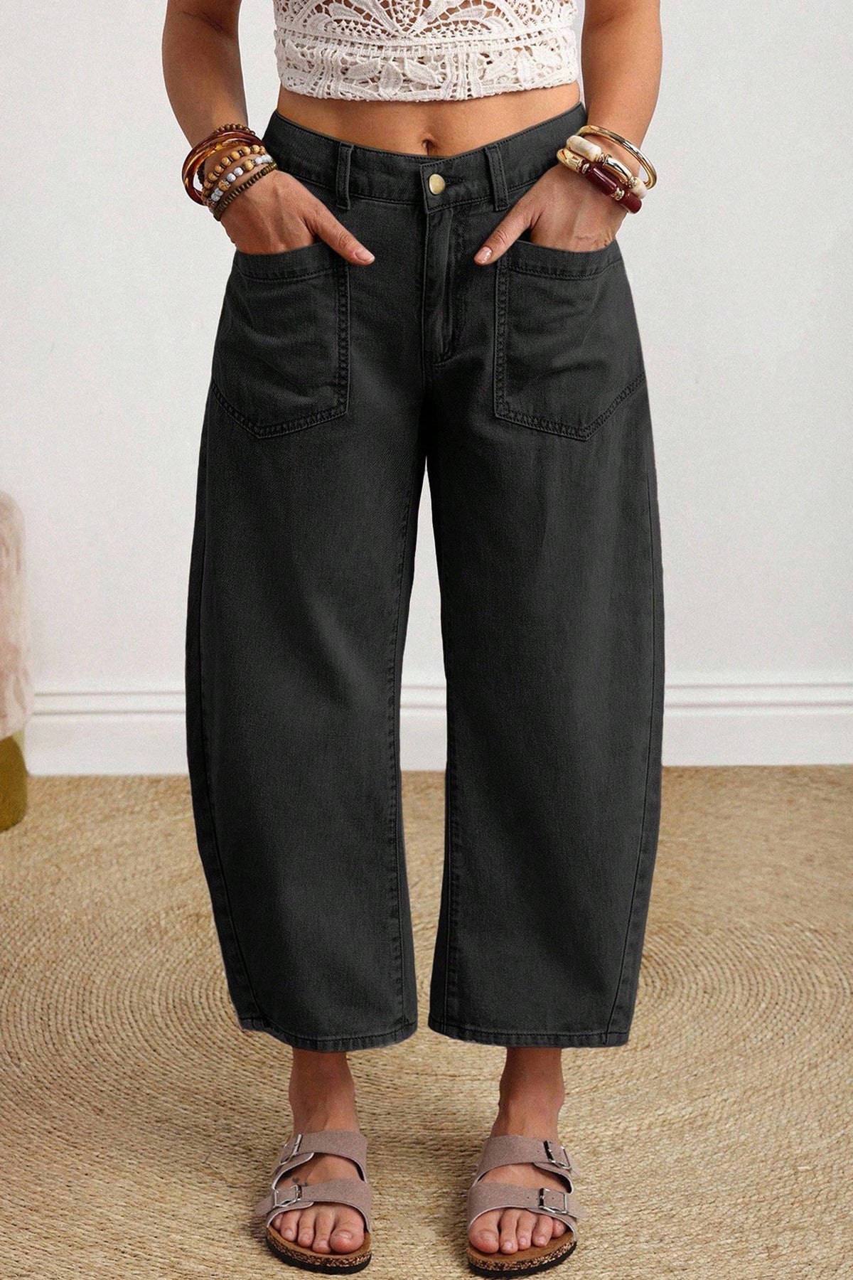 Solid Color Square Patch Pocket Ankle-length Barrel Jeans