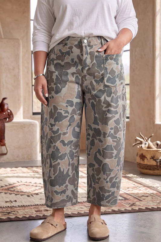 Multicolour Plus Size Camouflage Print High Rise Barrel Jeans model front view · nz-alt-v1