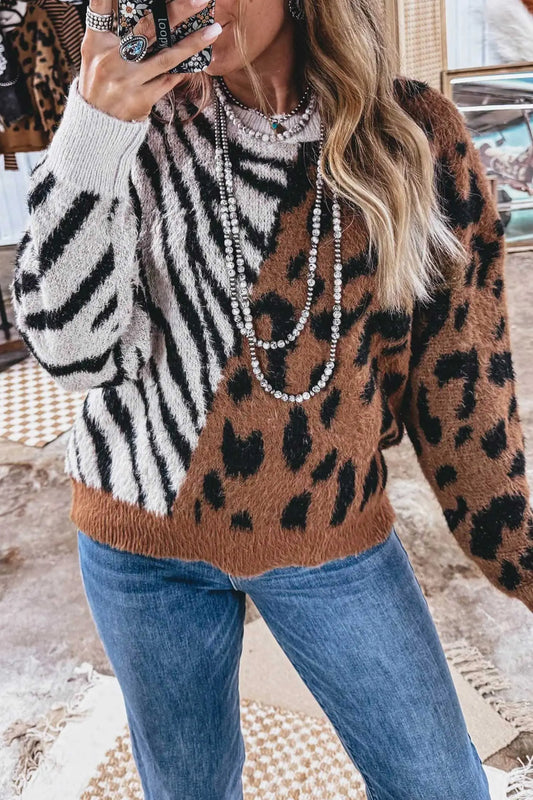 Coffee Western Leopard Zebra Print Long Sleeve Round Neck Sweater