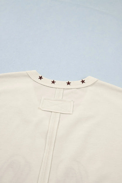 White Horseshoe Embroidered Star Trim V Neck Loose Tank Top