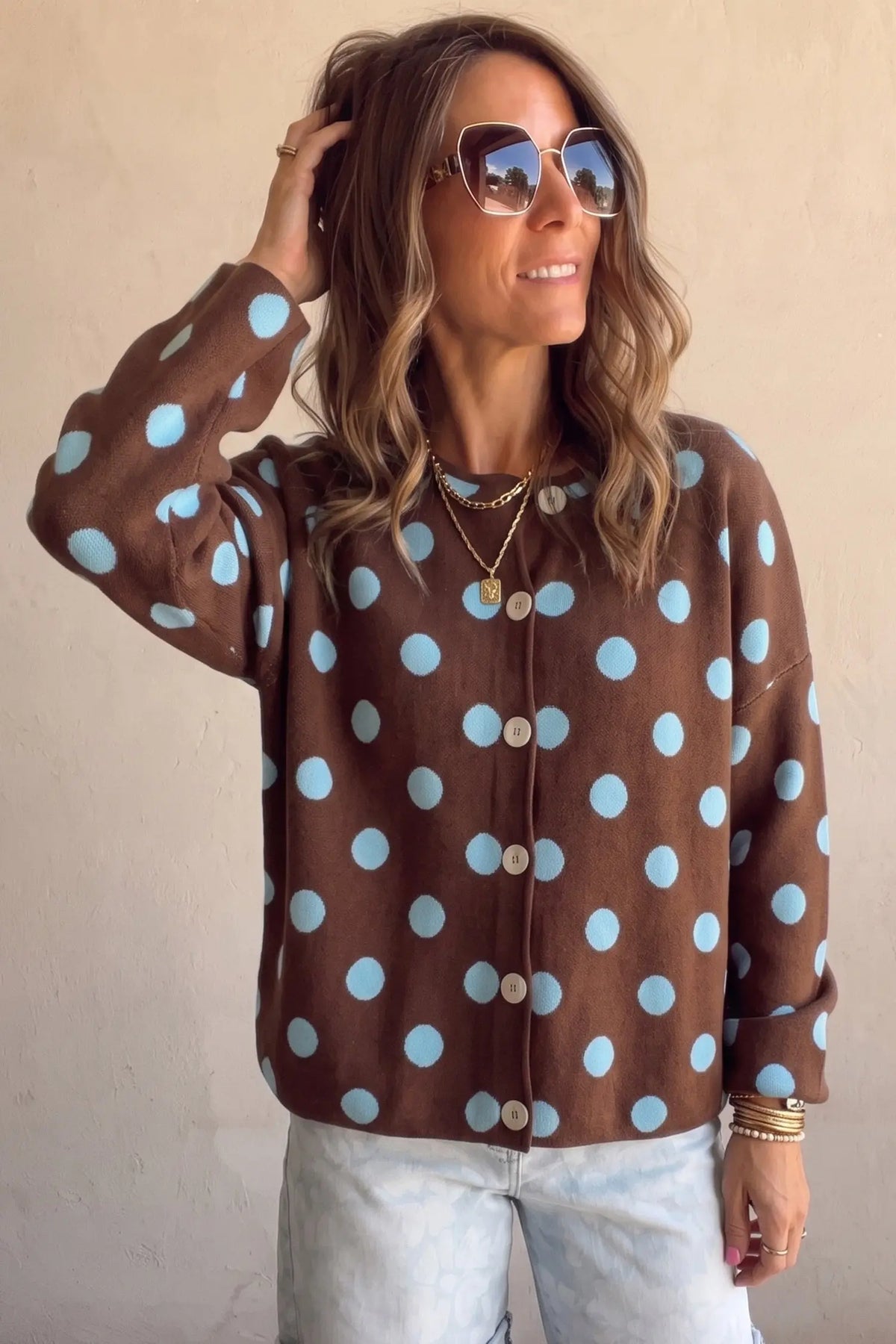 Brown Polka Dot Button Down Dropped Shoulder Shift Cardigan
