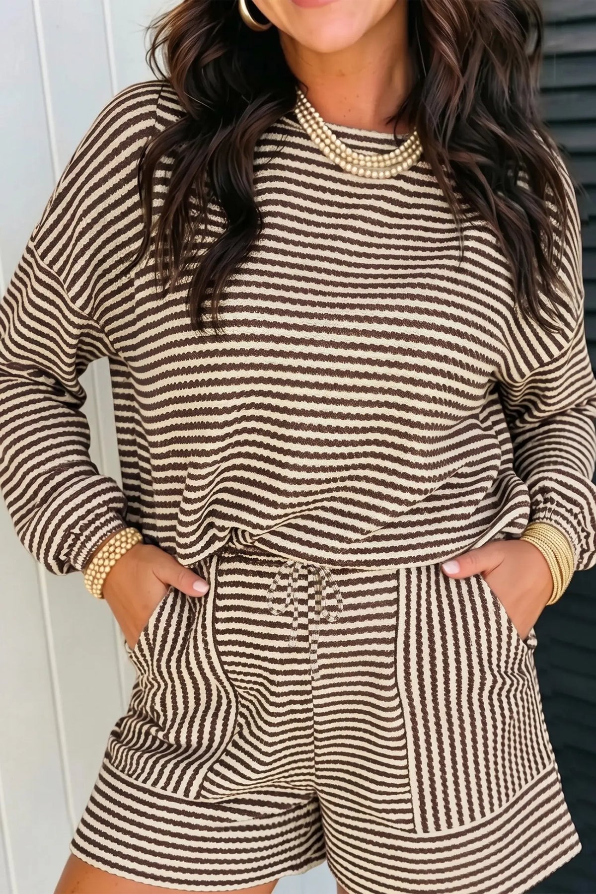 Brown stripe textured knit long sleeve top and elastic waist shorts set model front view · nz-alt-v1