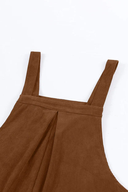 Brown Solid Color Corduroy Wide Leg Bib Overalls