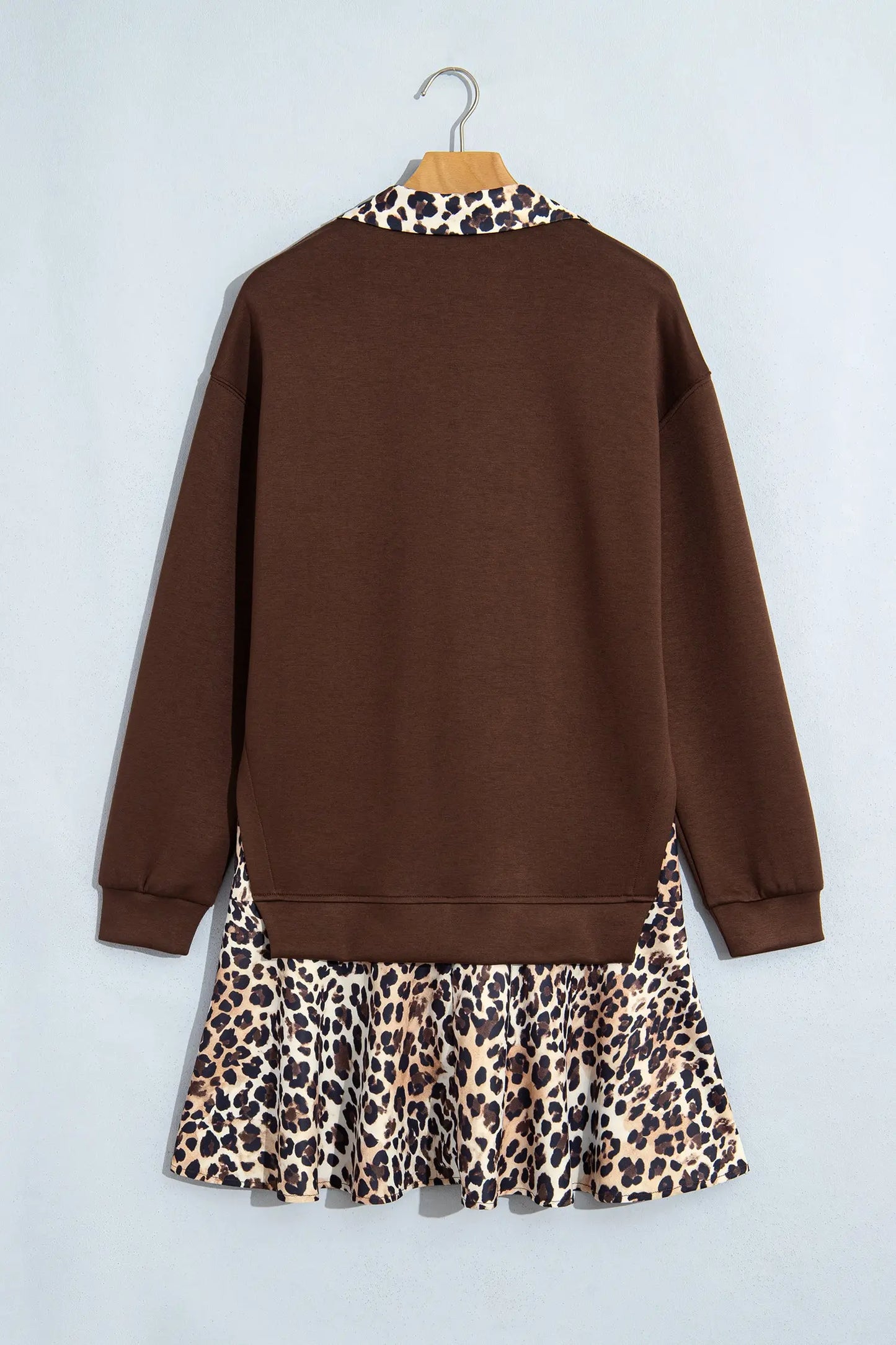 Coffee Leopard Patchwork Collar Long Sleeve Dress