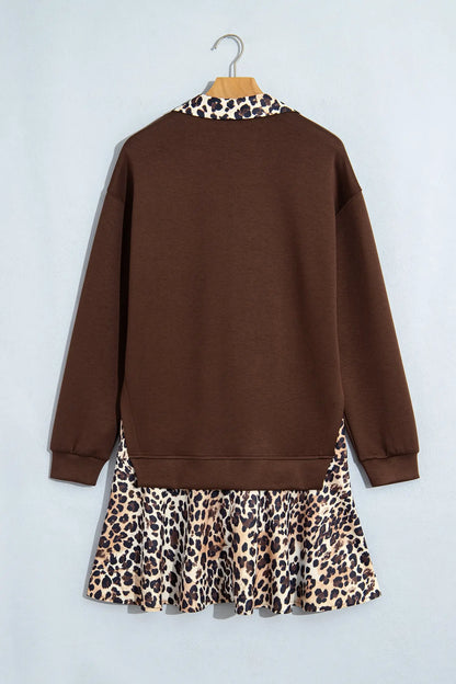 Coffee Leopard Patchwork Collar Long Sleeve Dress