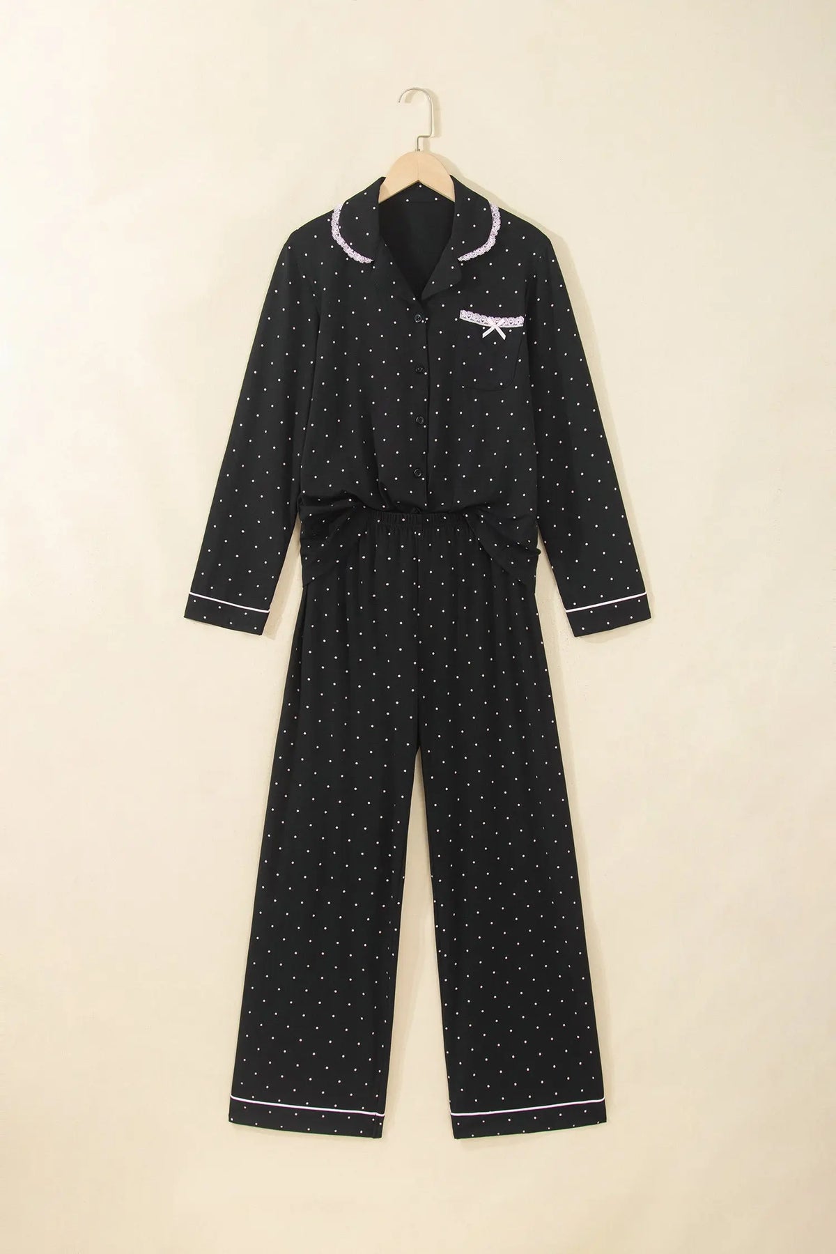 Black Polka Dot Long Sleeve Shirt Lace Detail Two Piece Pajama Pant Set