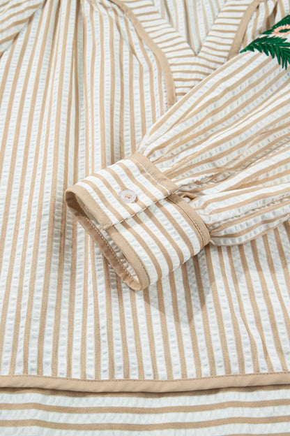 Khaki Stripe V Neck Floral Embroidered Long Sleeve Blouse