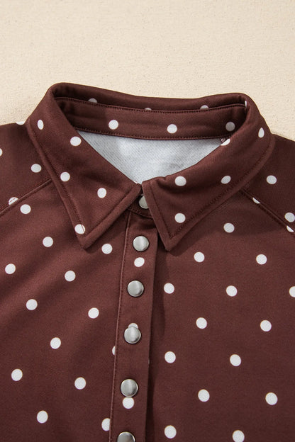 Pink Polka Dot Print Metal Button Collar Casual Pullover Sweatshirt