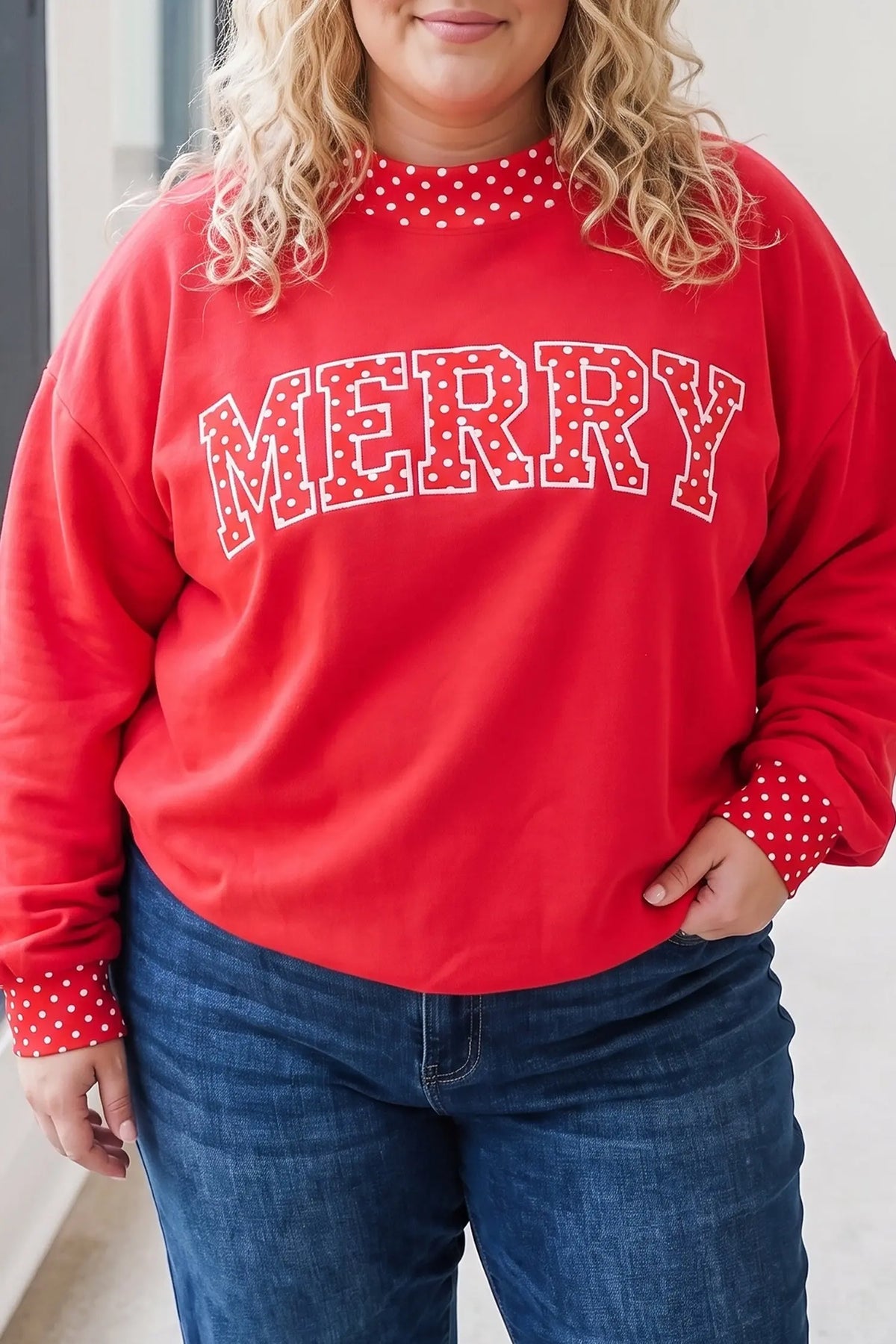 Red Polka Dot Patchwork Letter Graphic Plus Size Sweatshirt model front view · nz-alt-v1