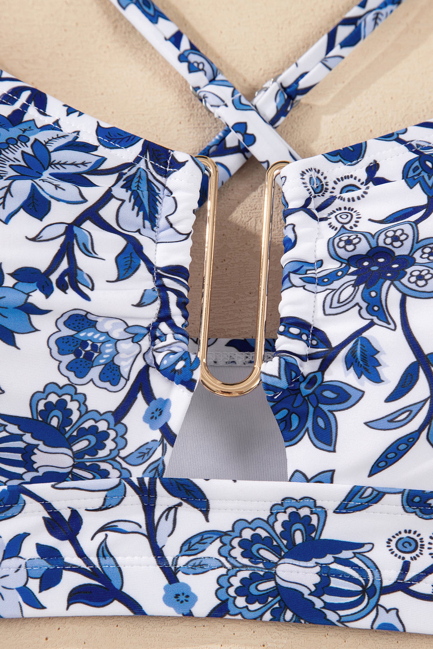 Blue Floral Print Hardware Accent Notched Neck High Waist Bikini Set