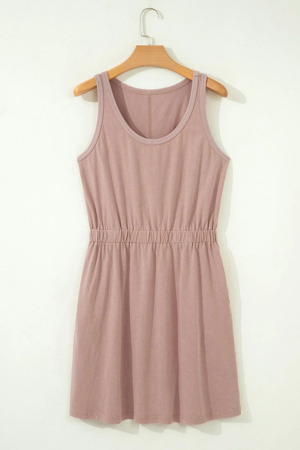 Cotton Smoke Gray Mineral Wash U Neck Elastic Waist Sleeveless Mini Dress