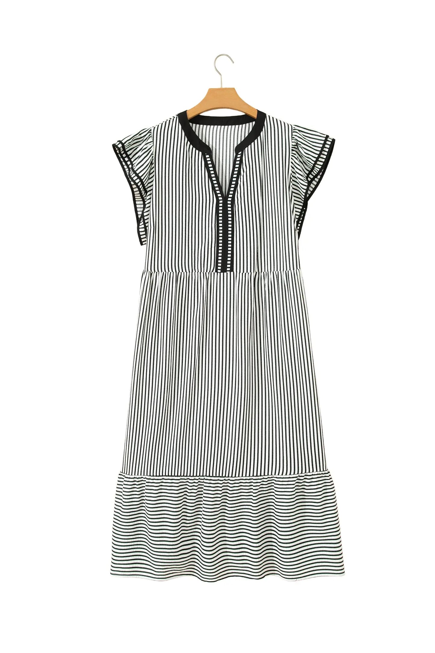 Black Stripe Plus Size Slit V Neck Tiered Flutter Sleeve Maxi Dress Nataliz