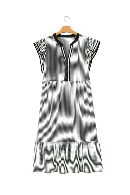 Black Stripe Plus Size Slit V Neck Tiered Flutter Sleeve Maxi Dress Nataliz