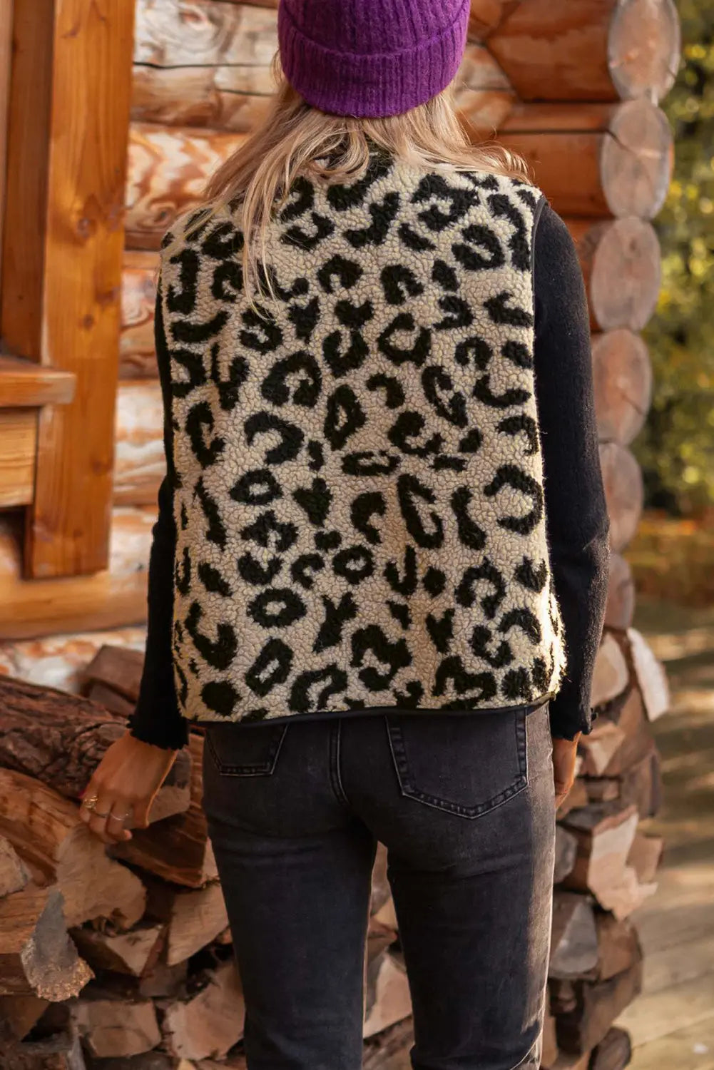 Cream leopard print sherpa vest coat, model back view · nz-alt-v1