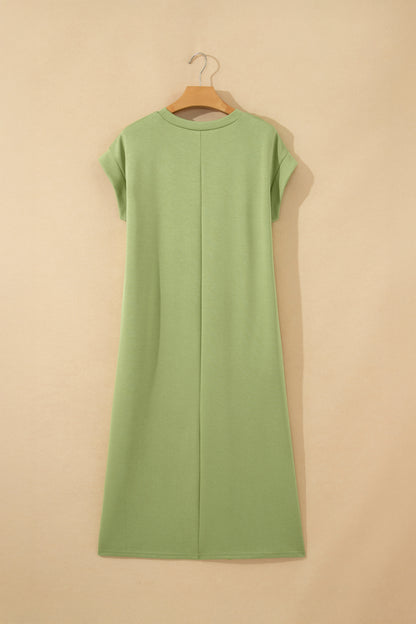 Red Sandalwood Solid Color Long T Shirt Dress with Slits