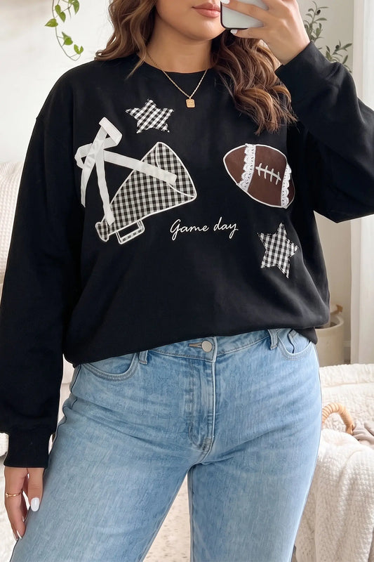 Black Rugby Game Day Patchwork Graphic Plus Size Sweatshirt model front view · nz-alt-v1