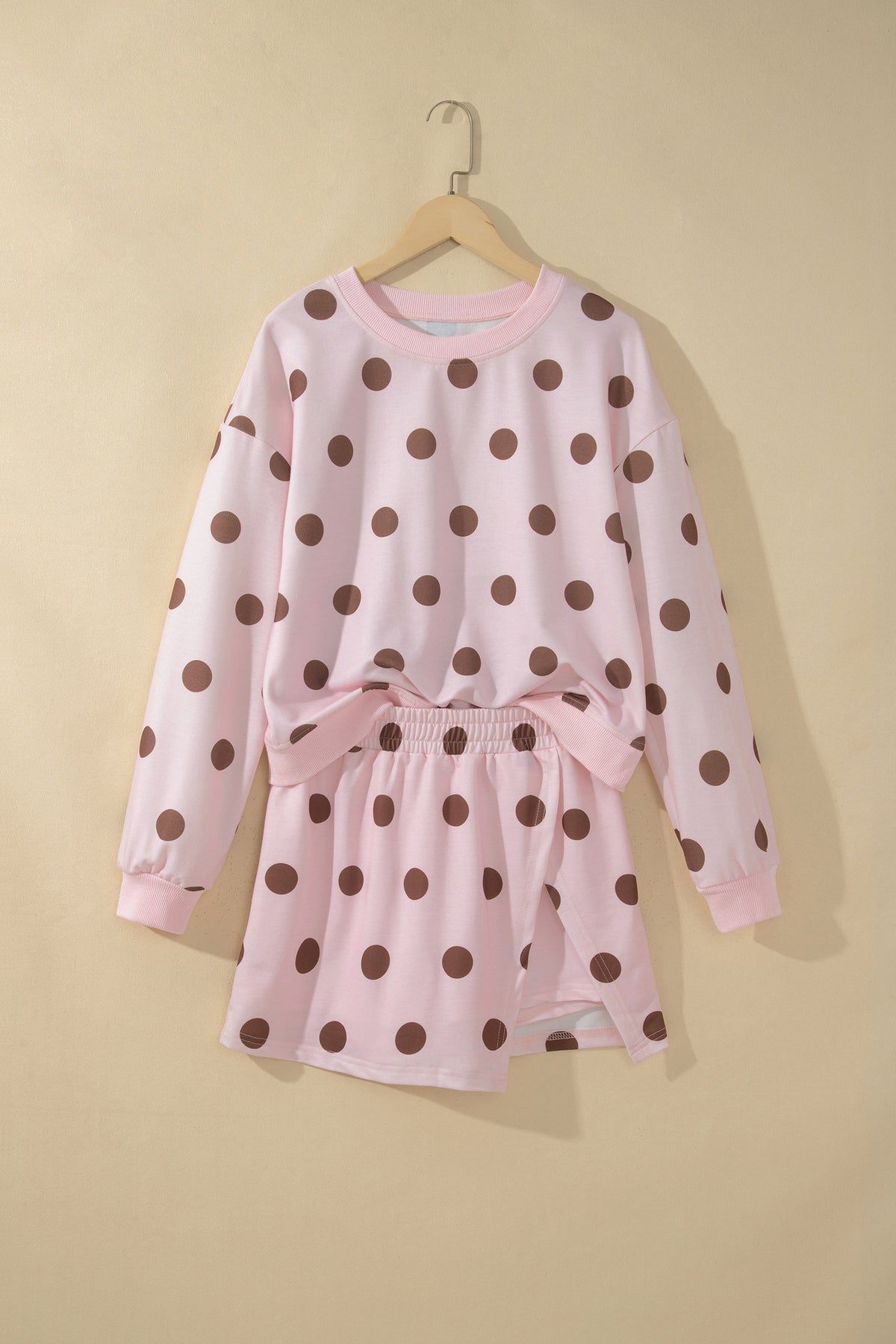 Polka Dot Long Sleeve Top Split Skort Casual 2pcs Set