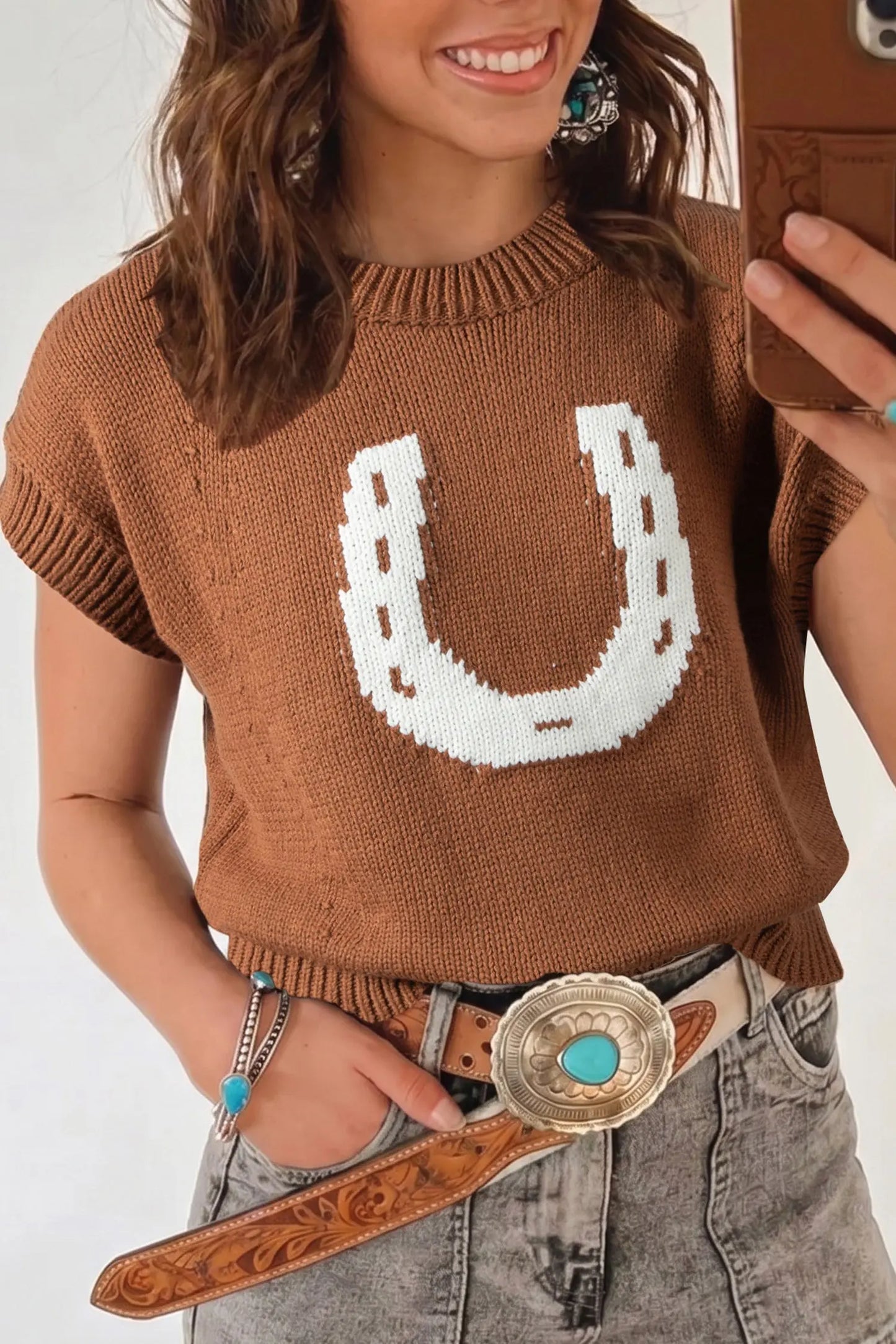 Chestnut Western Horseshoe Pattern Short Sleeve Knit Sweater