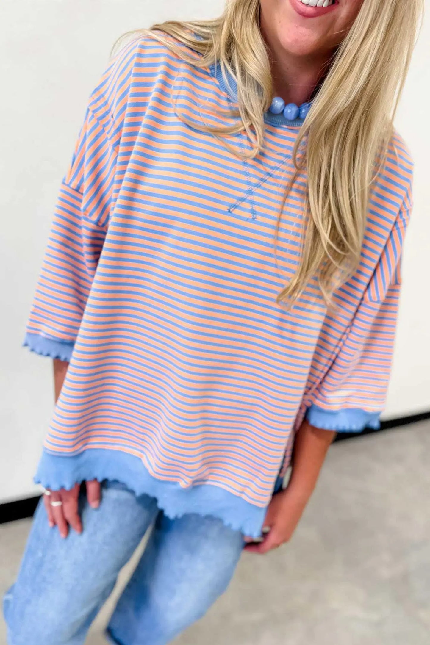 Sky Blue Stripe Colorblock Scalloped Trim Loose 3/4 Sleeve Top