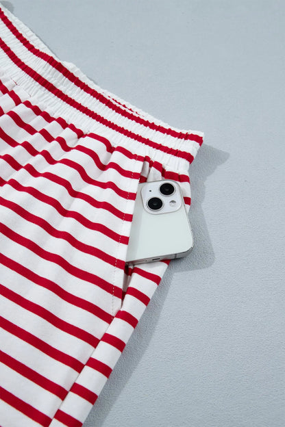 Red Stripe Scallop Trim Casual Top 2pcs Short Set