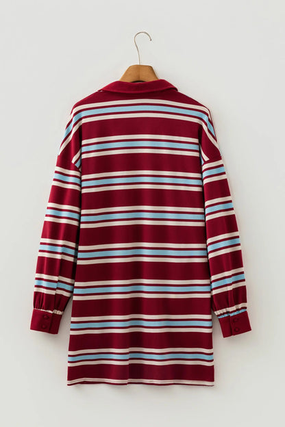 Red Stripe Retro Polo Collar Long Sleeve T Shirt Shift Mini Dress