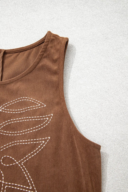 Coffee Geometric Embroidery Sleeveless Corduroy Shift Dress