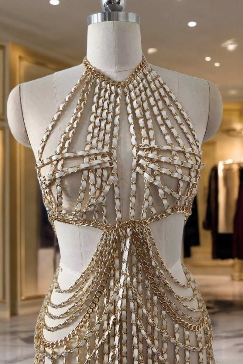 Gold Chain Fringe Halter Cut-Out Maxi Dress mannequin view · nz-bg-v1
