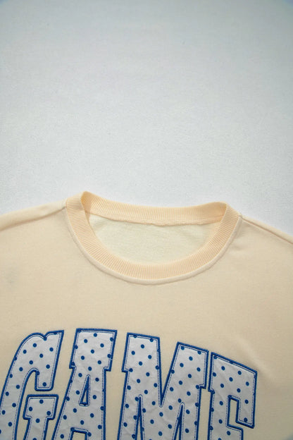 Beige Game Day Crewneck Long Sleeve Pullover Athleisure Short Sets