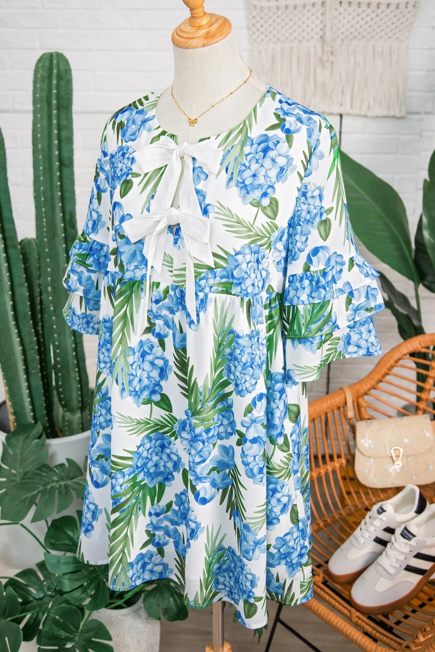 Sky Blue Palm Floral Print Contrast Ribbon Knot Ruffle Tiered Sleeve Mini Dress - Casual Dresses